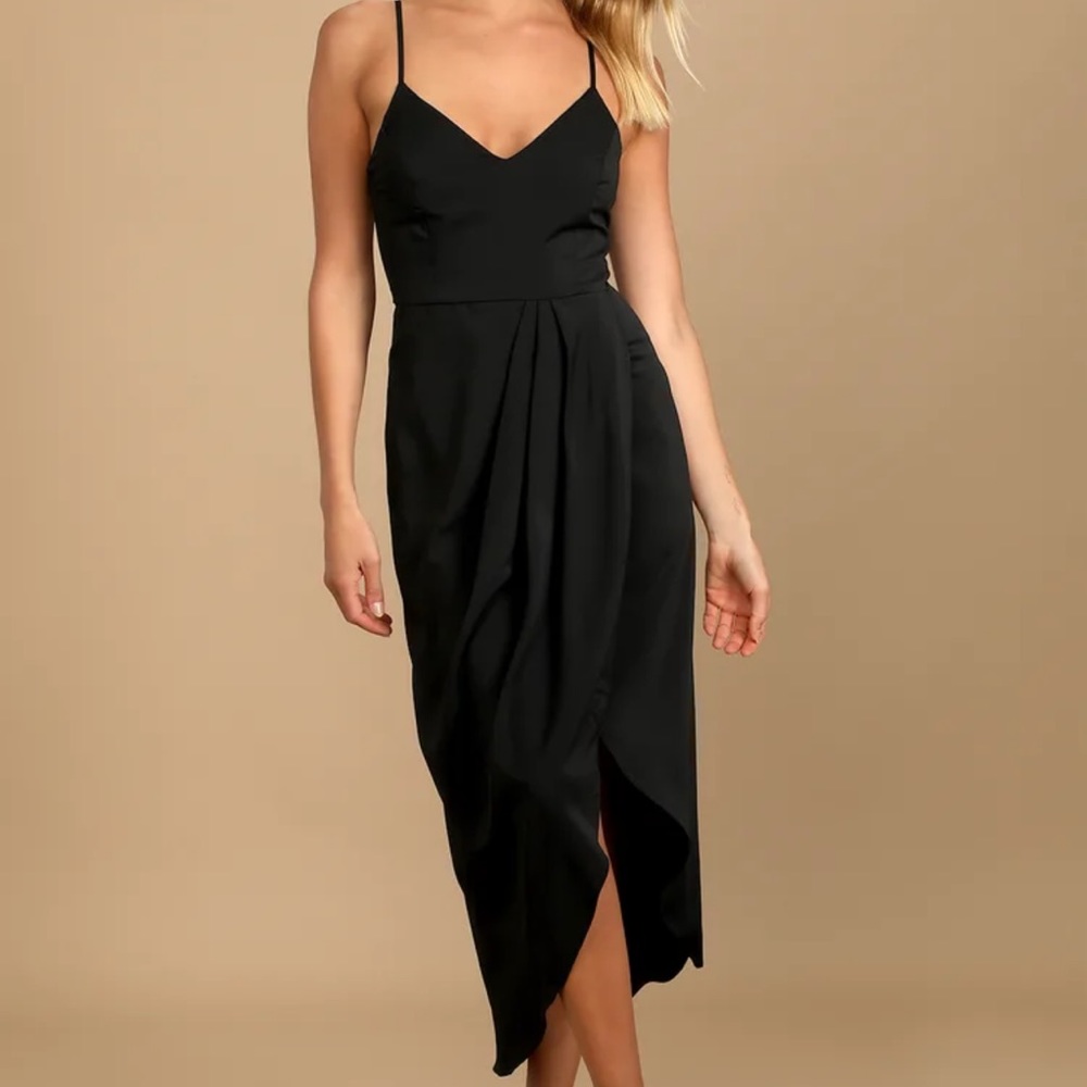 Lulu's Reinette Black Midi Dress Tulip High Low Hem LBD NWT Size M